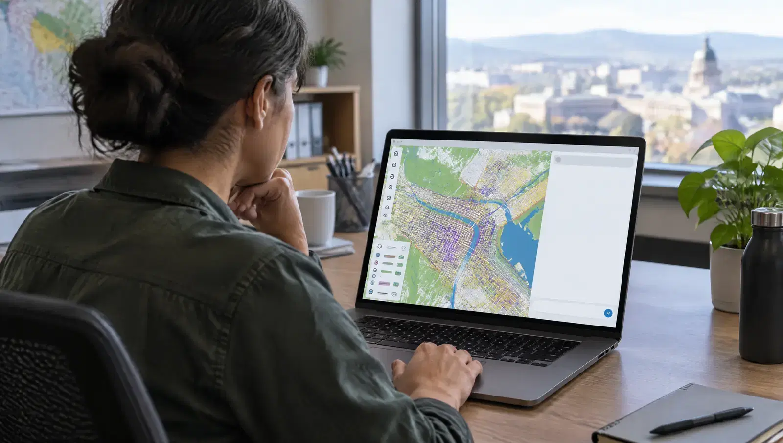 A GIS manager at a desk looks at a laptop showing a map with layers, while a chat window sits beside the map.