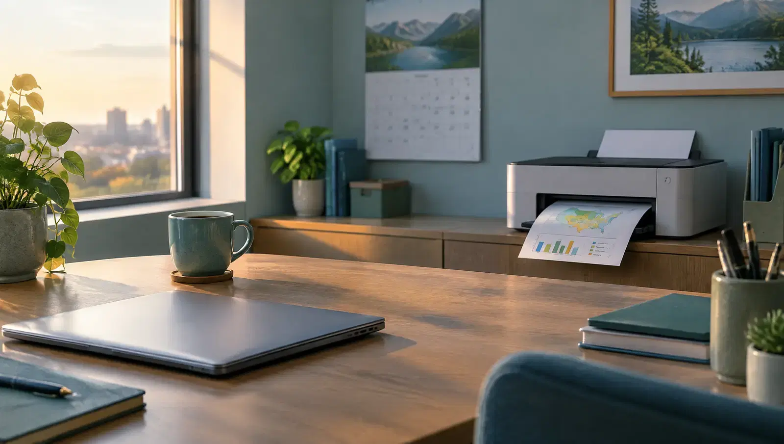 An office desk on a Friday afternoon with a closed laptop, a coffee cup and a wall calendar, while a printer quietly prints a map report.