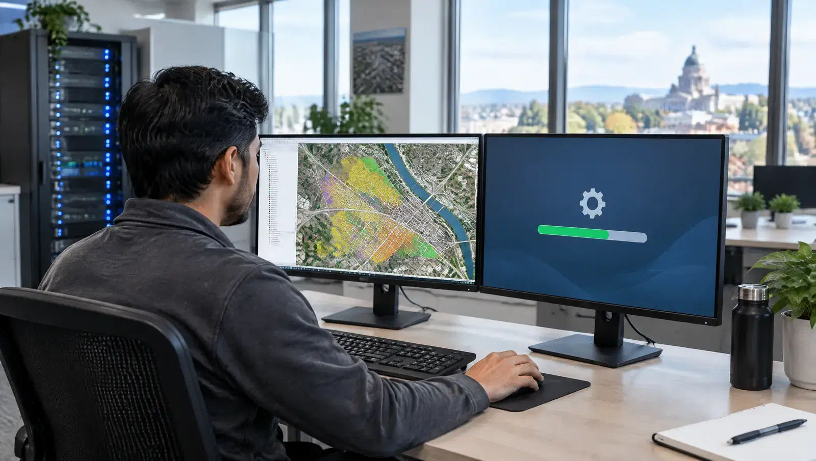 An IT technician at a desk with two monitors, one showing a colorful GIS map, in a bright office with a small server rack behind.