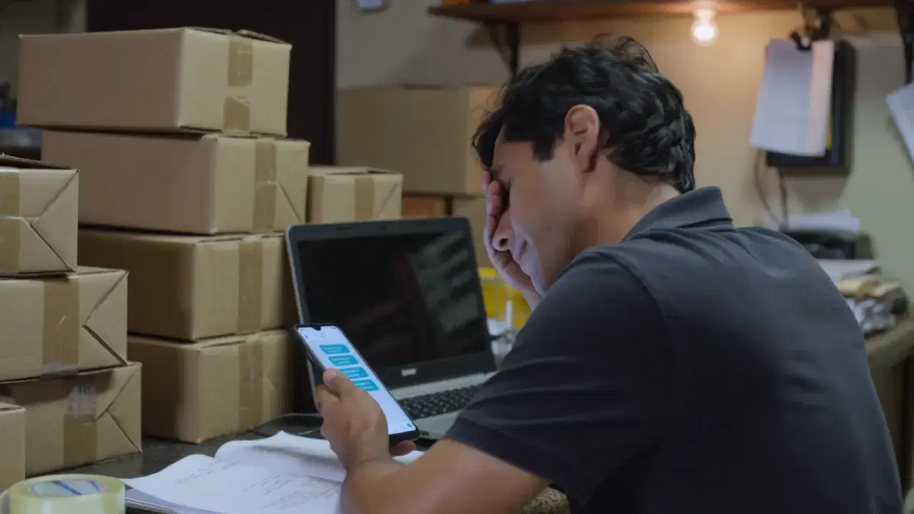 Dueño de un courier con la frente en la mano, el teléfono lleno de mensajes y las cajas amontonadas detrás