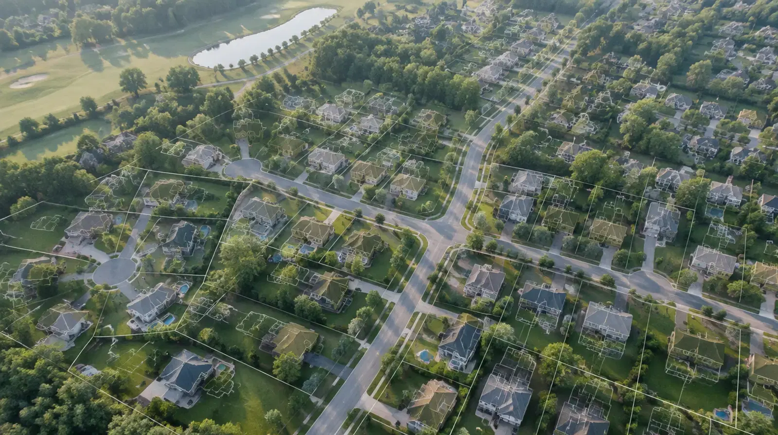 Aerial view of a US suburban neighborhood with thin white parcel outlines drawn over the houses and streets.