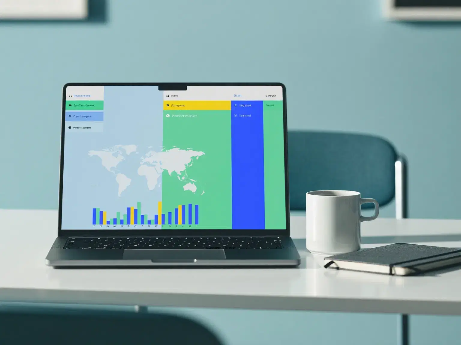 A laptop on a tidy office desk showing a colorful map dashboard with bar charts, next to a coffee cup and a notepad.
