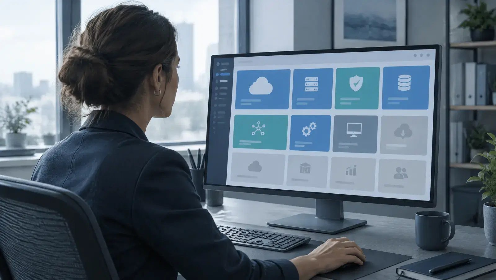 An operations manager at a desk reviews a cloud dashboard with several service tiles, some turned gray, on a large monitor.