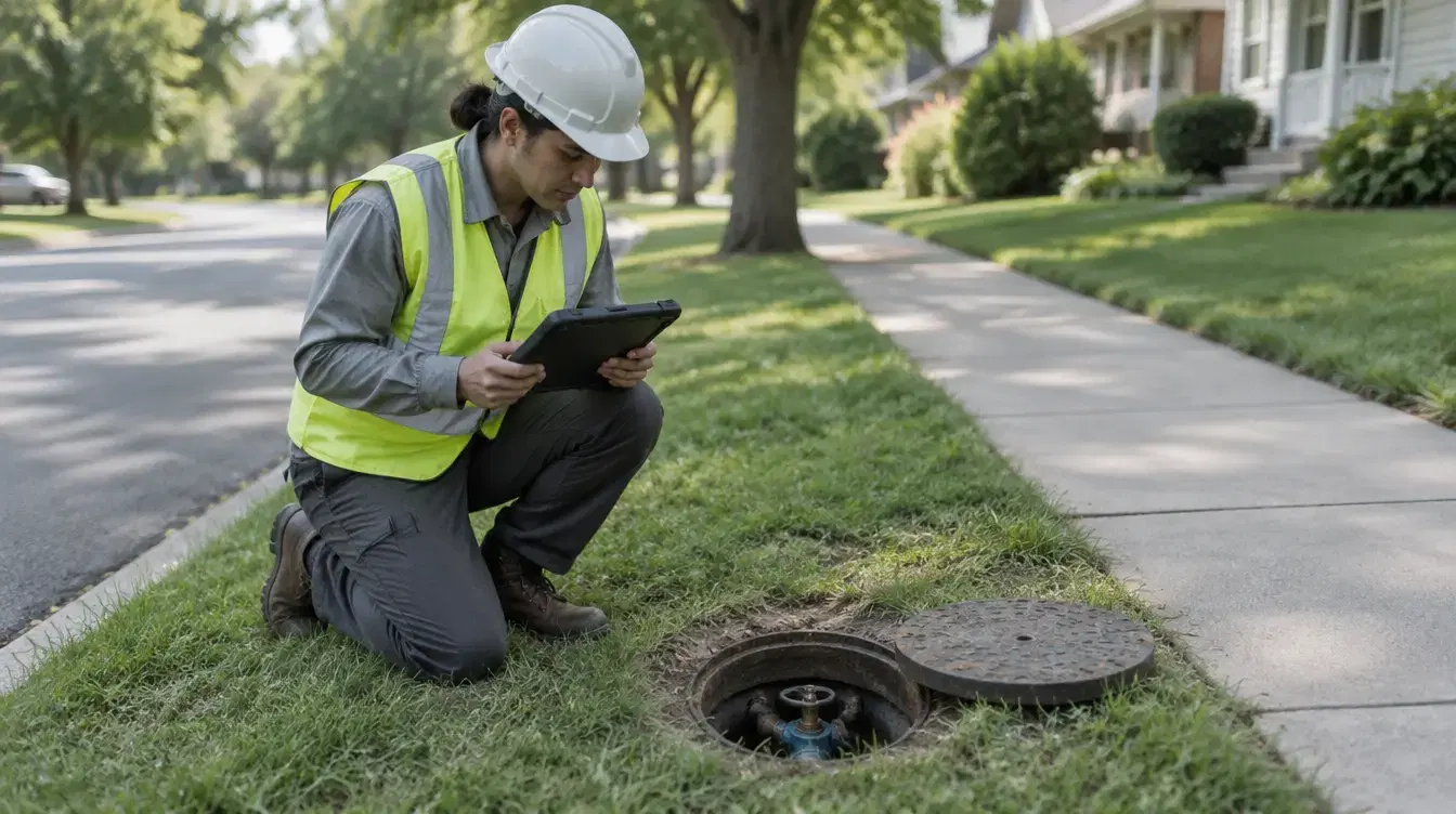 A water utility worker in a safety vest kneels by an open curb box on a quiet residential street, holding a tablet.
