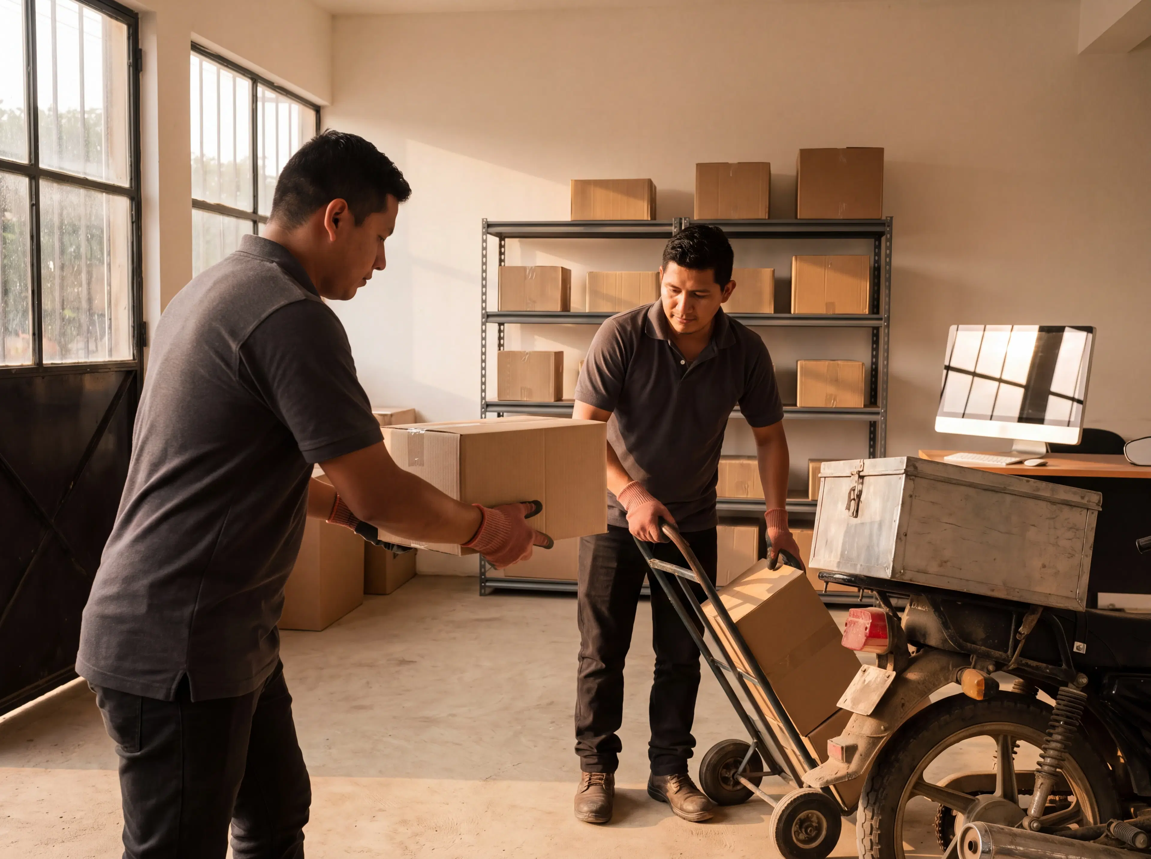 Dos trabajadores cargando paquetes a una carretilla junto a la moto de reparto