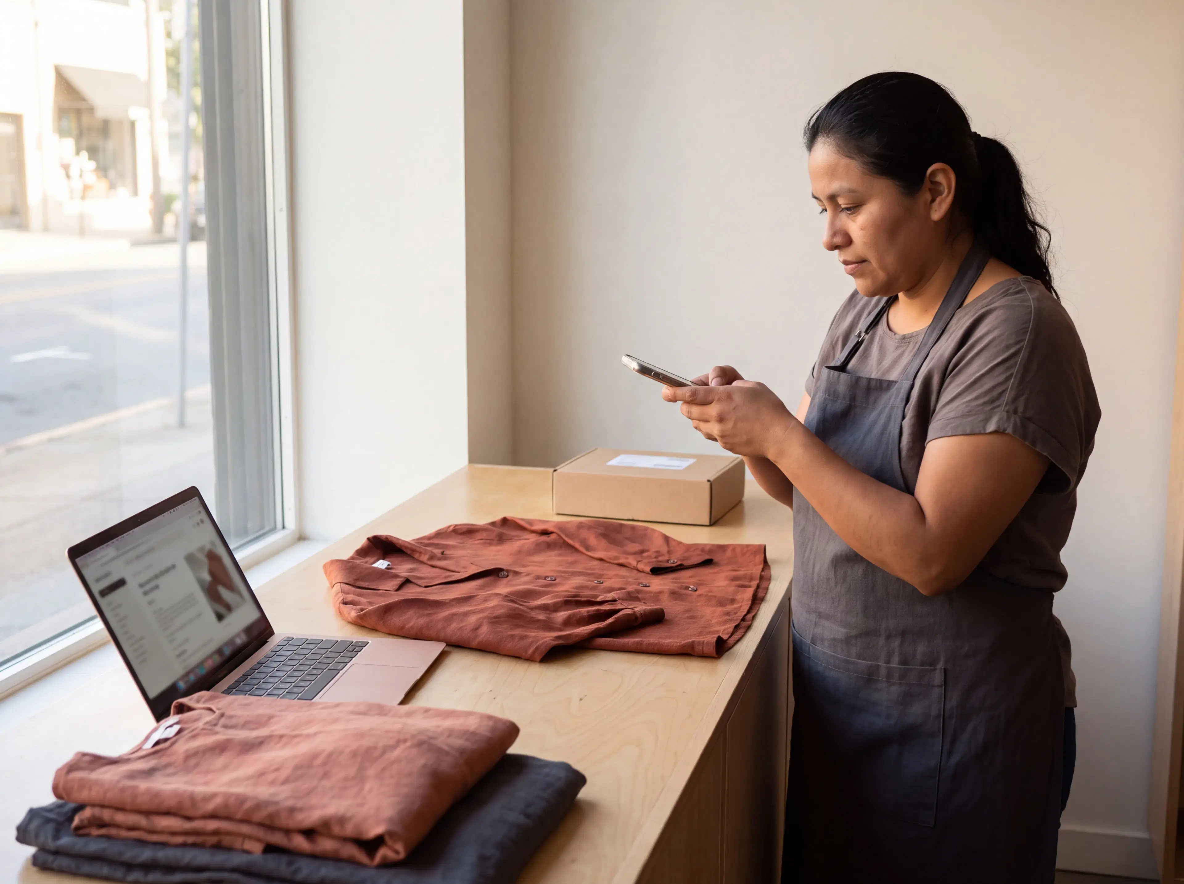 Vendedora fotografiando una blusa con el teléfono junto a la laptop del catálogo